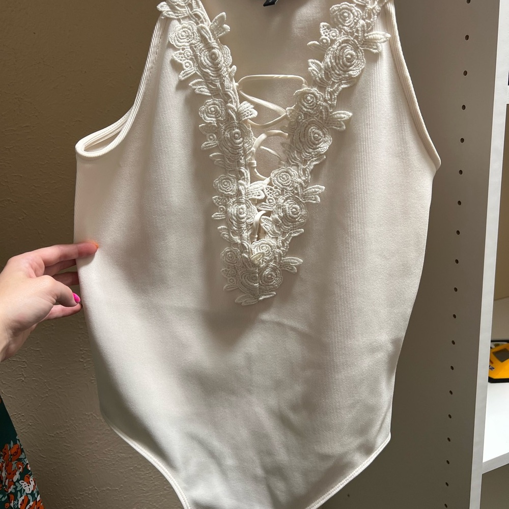 Express Ivory Lace-Trimmed Top